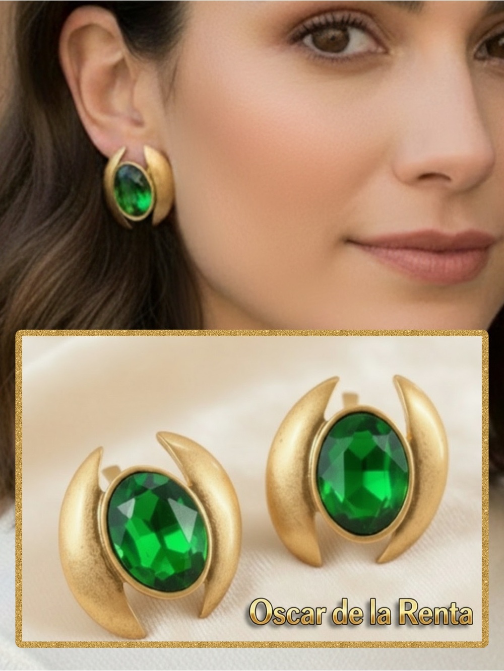 Oscar de la Renta EARRINGS 18k EMERALD Gold-Tone w/Sparkling Green Crystal- Post